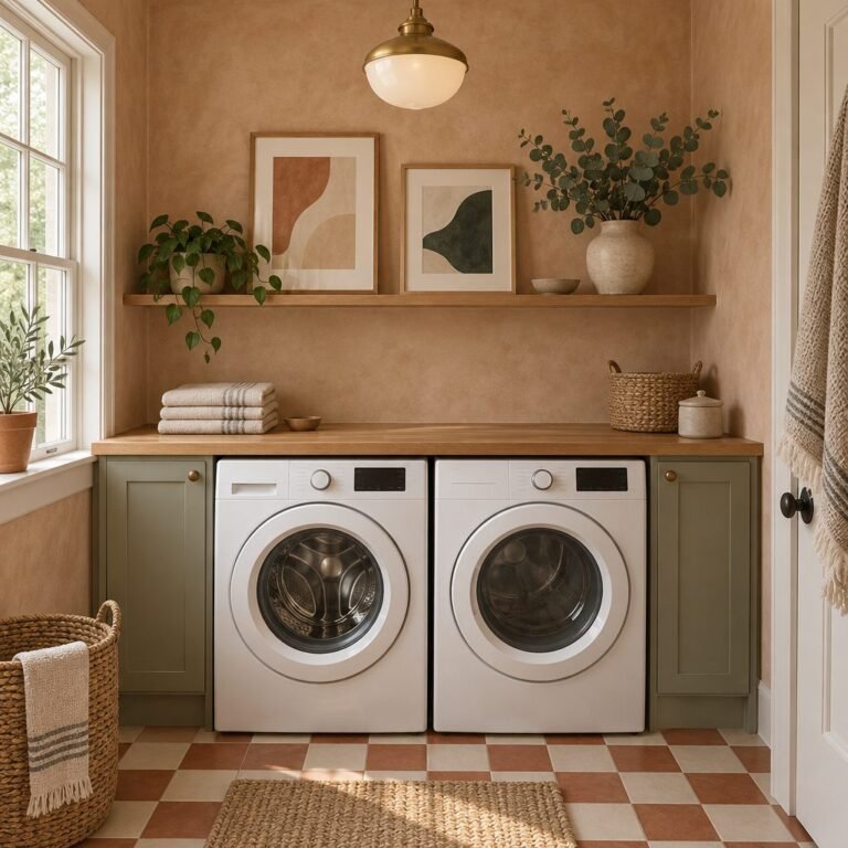 Laundry room with clay limewash walls, a terracotta and cream checkerboard floor, a front-loading washer and dryer under a butcher block counter, an oak ledge with framed abstract prints and a brass pendant