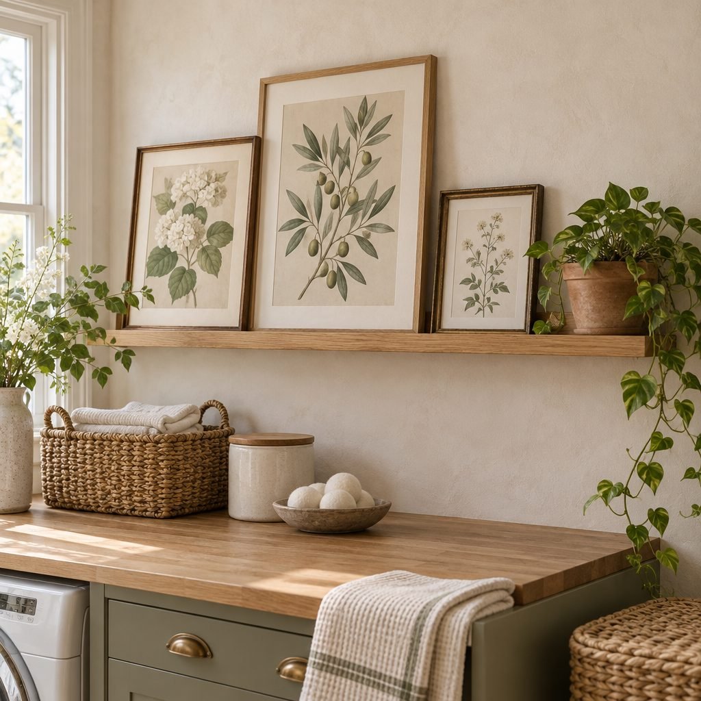 Three framed vintage botanical prints leaning on an oak picture ledge above a butcher block laundry counter with a basket, a jar and a bowl of wool dryer balls