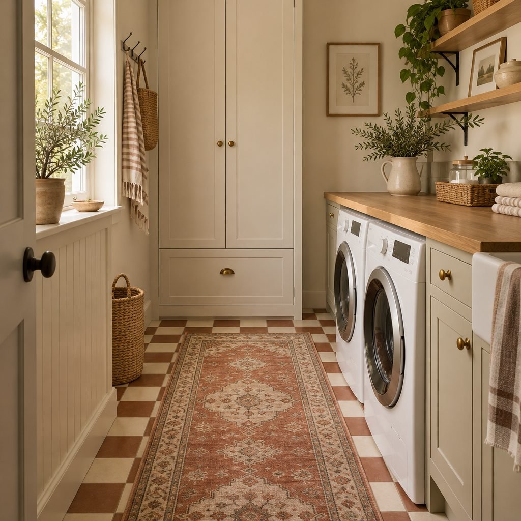 Narrow laundry room with a terracotta vintage-style runner rug on a checkerboard floor, front-loading machines under a wood counter and a tall cream cabinet at the end