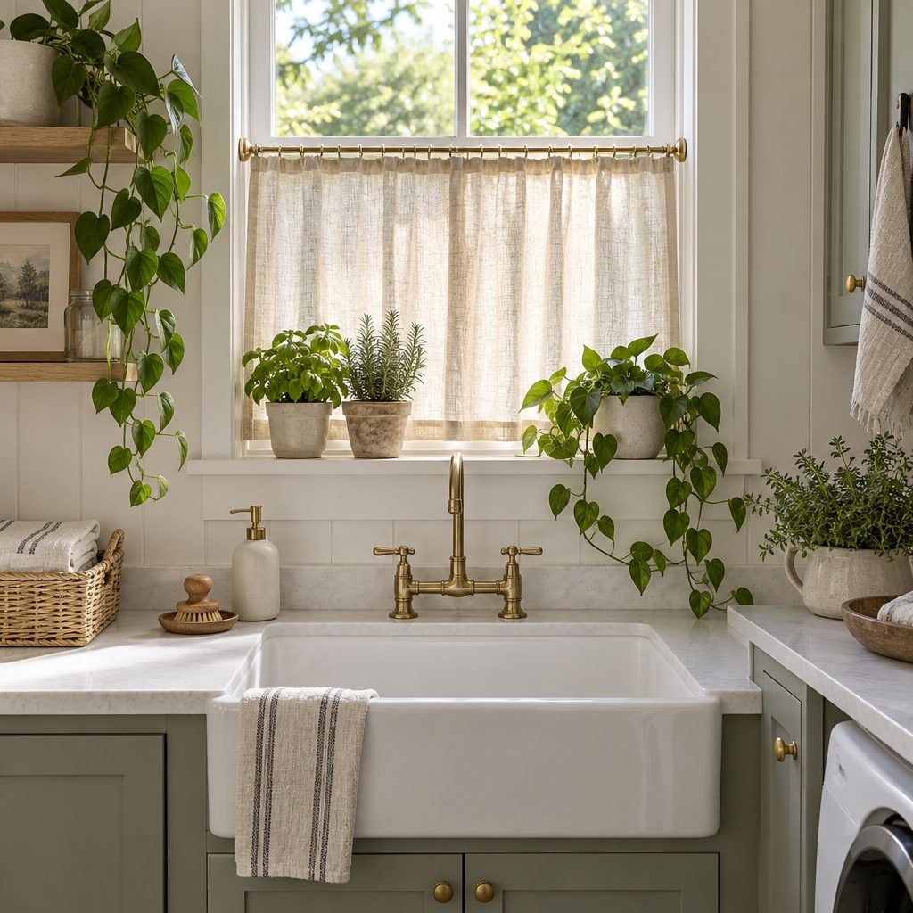 Laundry room window with a linen cafe curtain on a brass rod above a white farmhouse sink, potted herbs and a trailing plant on the windowsill