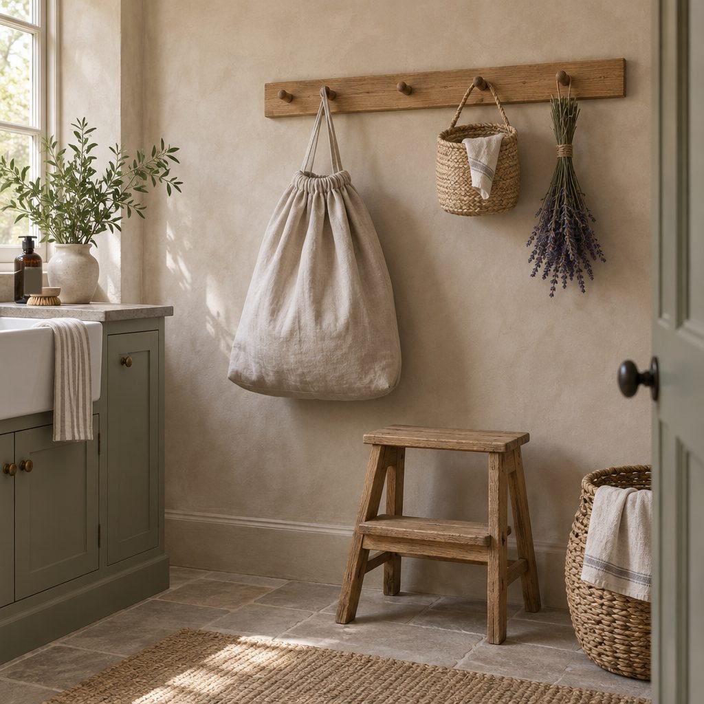 Wooden Shaker peg rail on a limewash wall holding a linen laundry bag, a small woven basket and a bundle of dried lavender above a rustic step stool