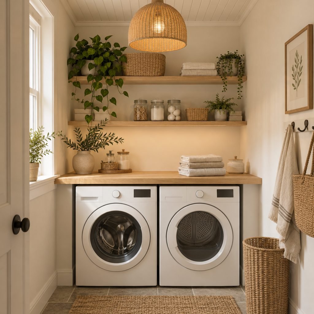 Small laundry room with a woven rattan pendant glowing under a white beadboard ceiling, oak shelves with plants and jars and a front-loading washer and dryer under an oak counter
