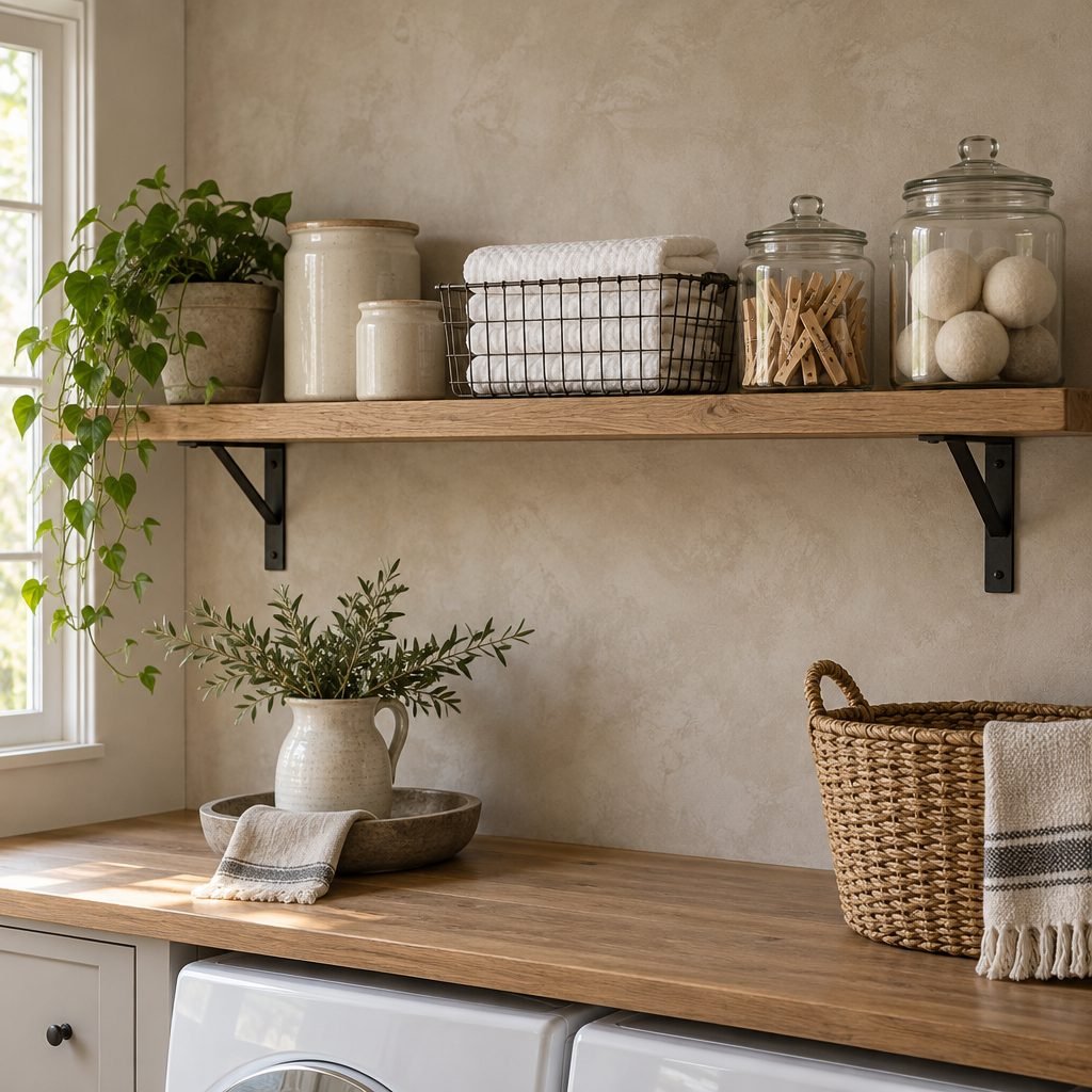 Oak open shelf on black iron brackets holding ceramic crocks, a wire basket of white towels and glass jars of wooden clothespins and wool dryer balls above a laundry counter