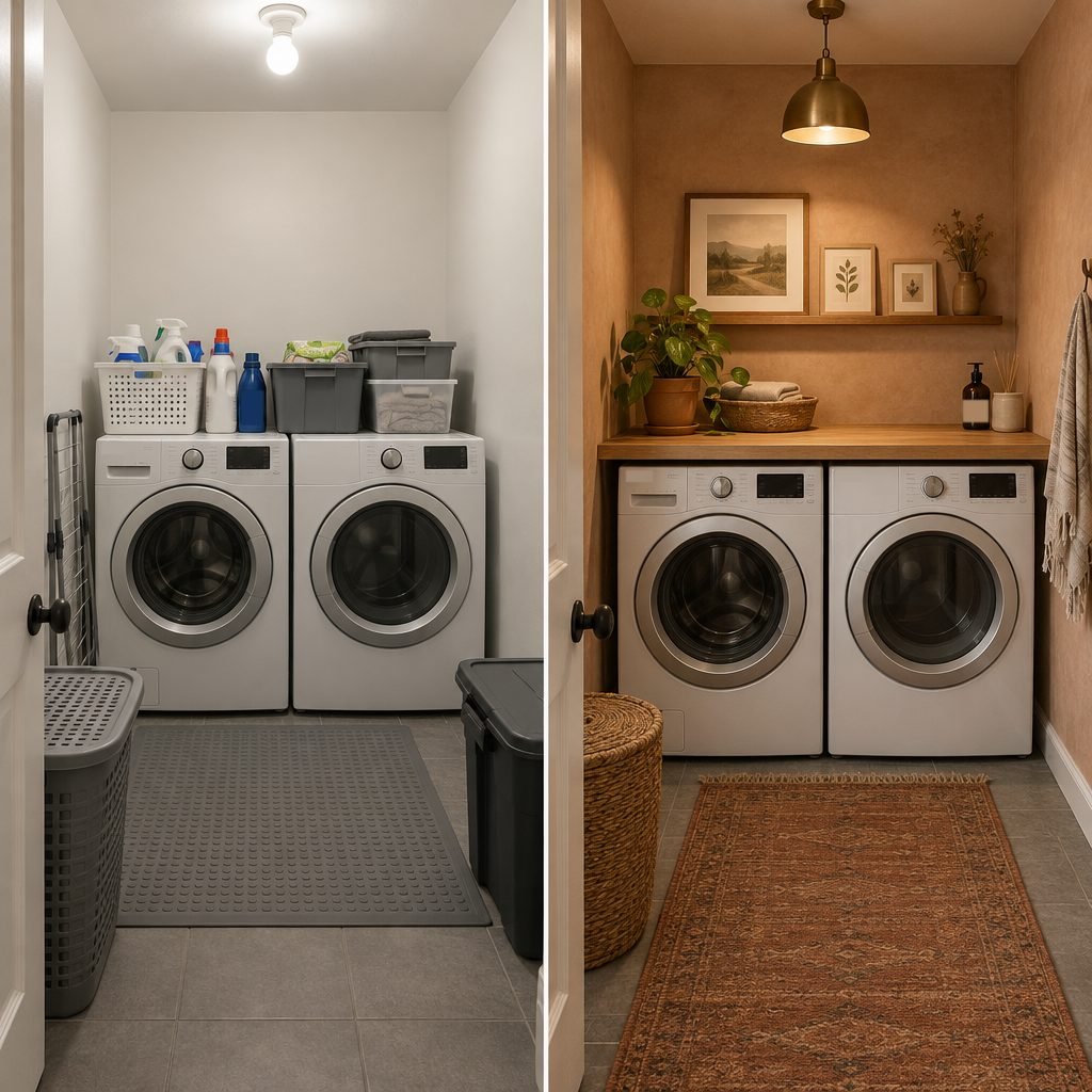 Laundry room before and after: bare white walls, a bare bulb and bins on top of the machines on the left; clay walls, a butcher block counter, framed prints, a brass pendant and a runner rug on the right