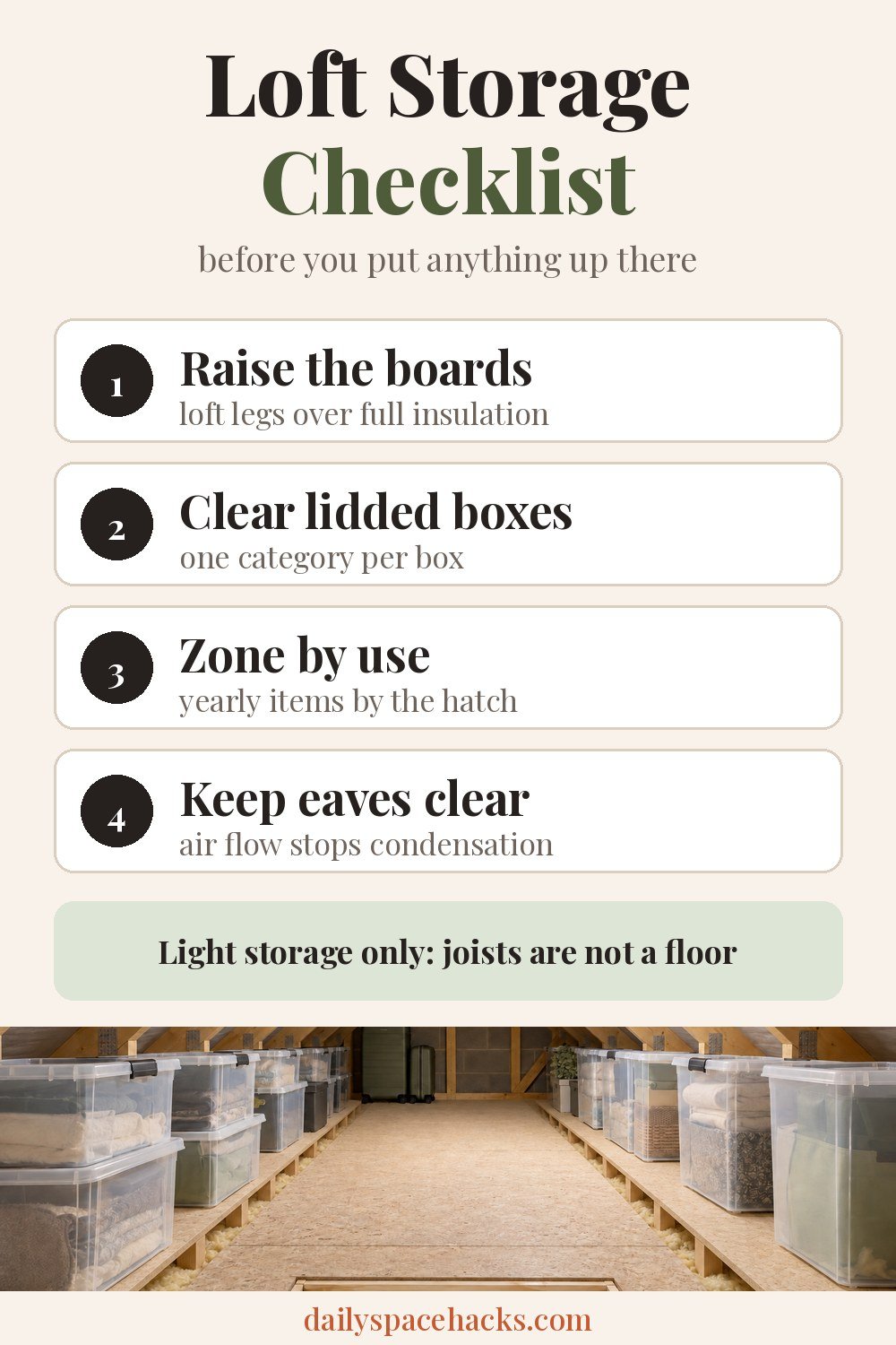 Loft storage checklist: raised boards, clear lidded boxes, zones by use and clear eaves