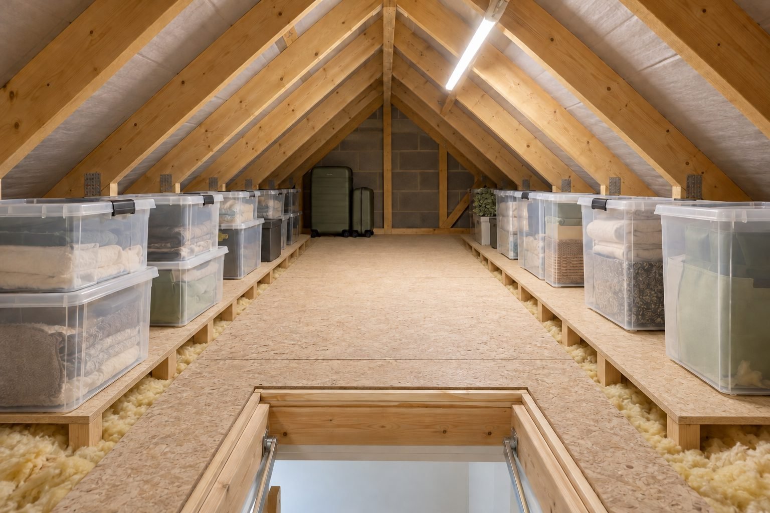 Loft storage ideas: a boarded loft with a raised walkway from the hatch and clear lidded storage boxes on raised boards either side, above fluffy insulation under timber rafters