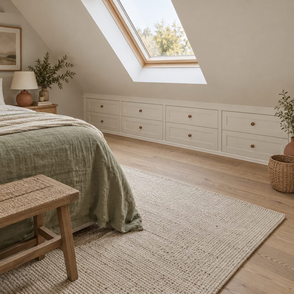 Loft conversion bedroom with a row of white built-in drawers set into the low eaves wall beneath a roof window