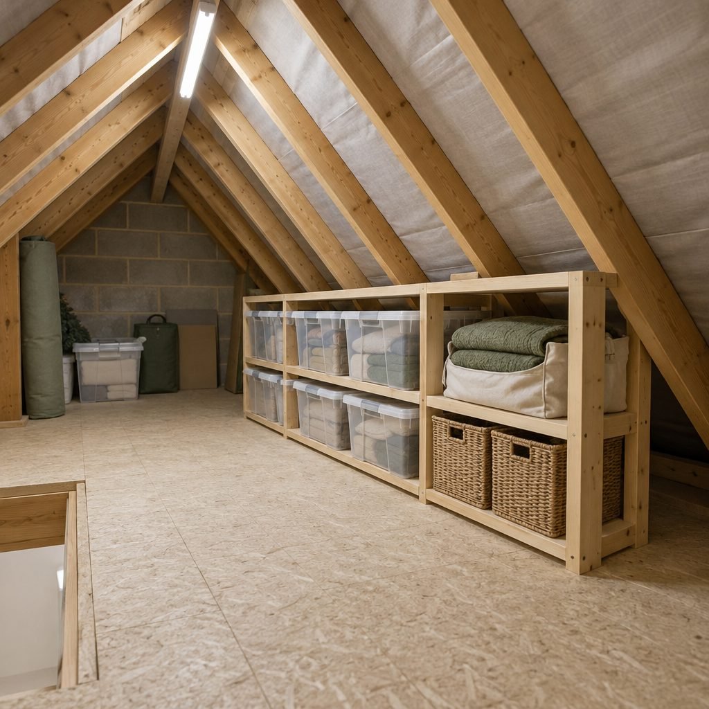 Fully boarded loft with a low pine shelving unit of clear boxes and wicker baskets tucked under the sloping rafters