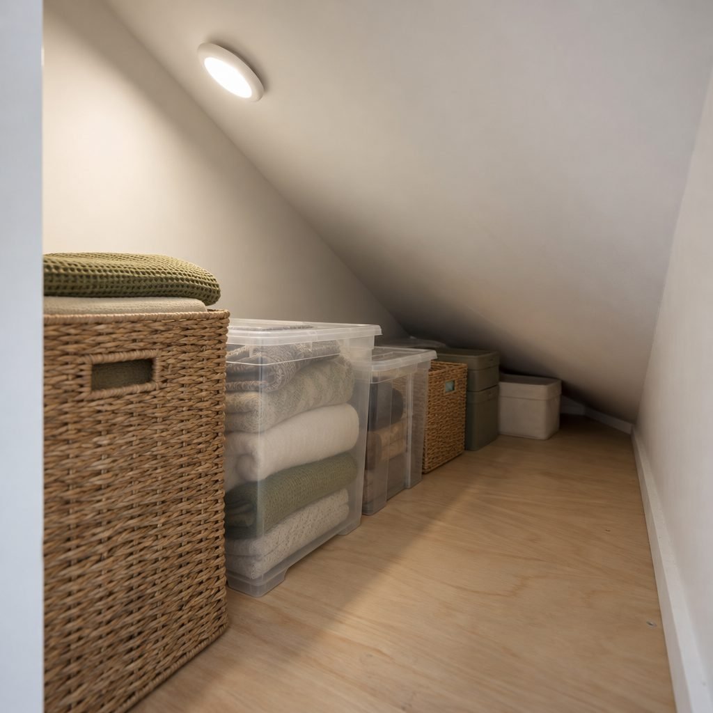 Inside an eaves cupboard with baskets and clear boxes of folded blankets lined up on a plywood floor, getting smaller where the slope gets low