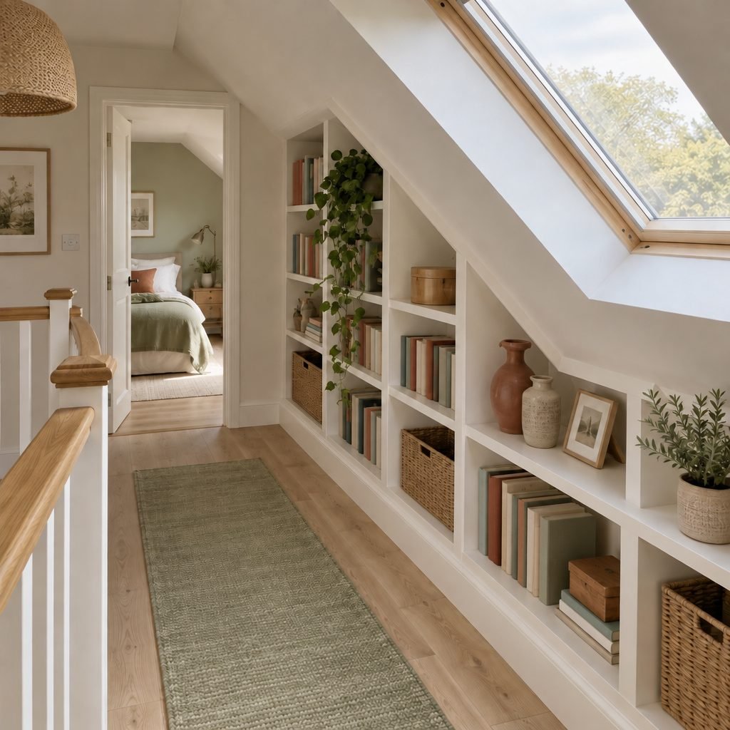 Loft landing with white built-in shelves stepping down under a sloping ceiling, holding books, baskets and plants beside a roof window