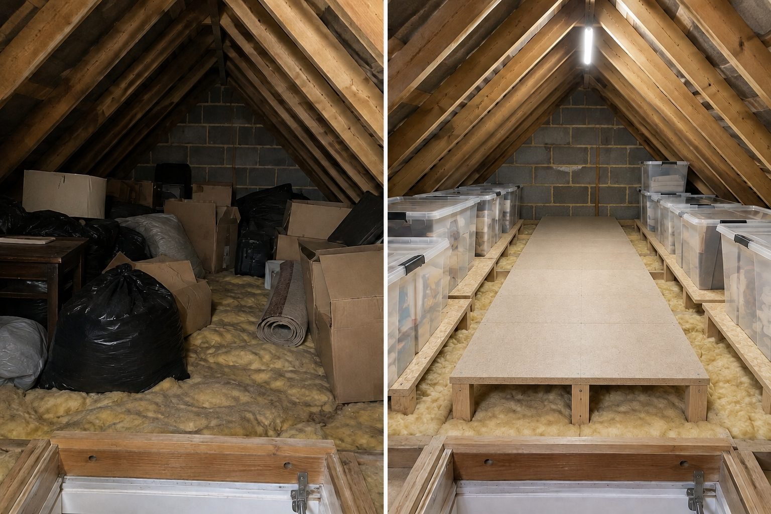 Loft before and after: bin bags and cardboard boxes on flattened insulation on the left, the same loft with a raised boarded walkway and clear boxes on raised boards on the right