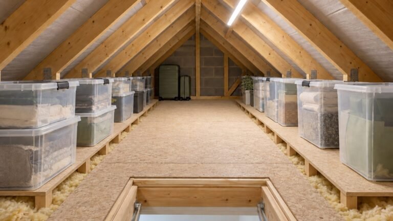 Loft storage ideas: a boarded loft walkway with clear storage boxes on raised boards under timber rafters