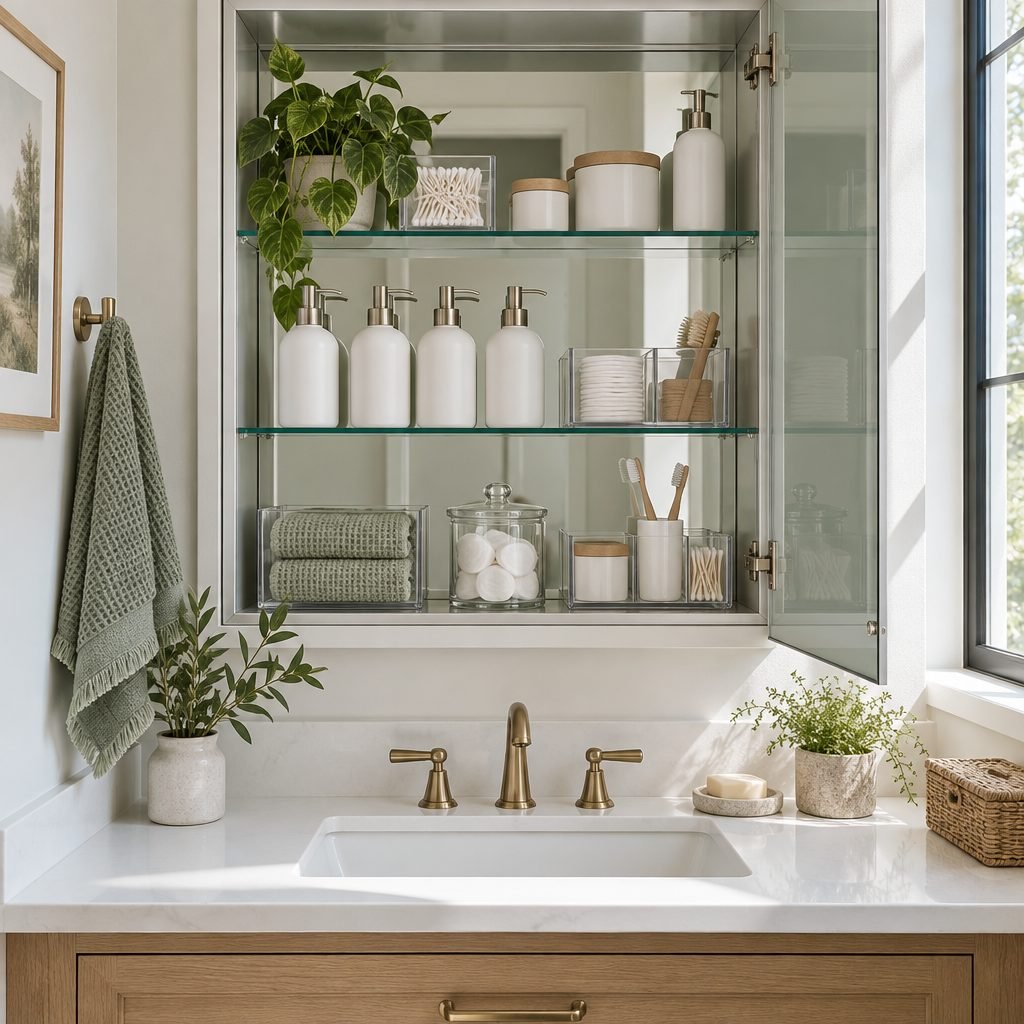 Open mirrored medicine cabinet above a white bathroom vanity with glass shelves holding white pump bottles, clear bins of cotton rounds and swabs, toothbrushes and a trailing plant