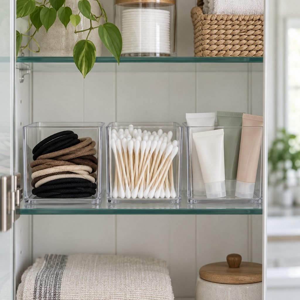 Three clear acrylic bins on a glass medicine cabinet shelf holding hair ties, cotton swabs and small tubes, sorted by type