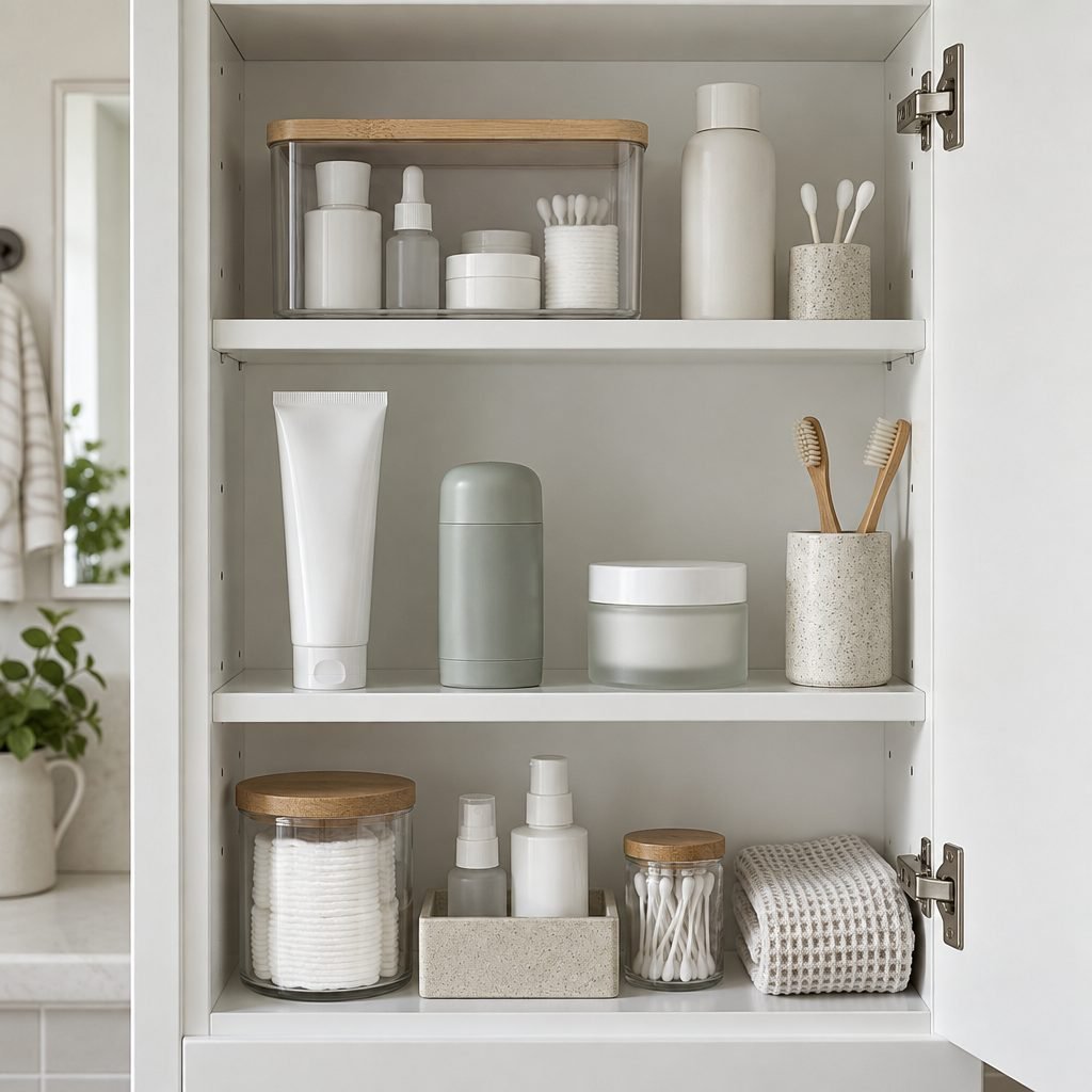 Medicine cabinet with daily items like toothpaste, deodorant, face cream and toothbrushes on the middle shelf and less-used items in a lidded box on the top shelf