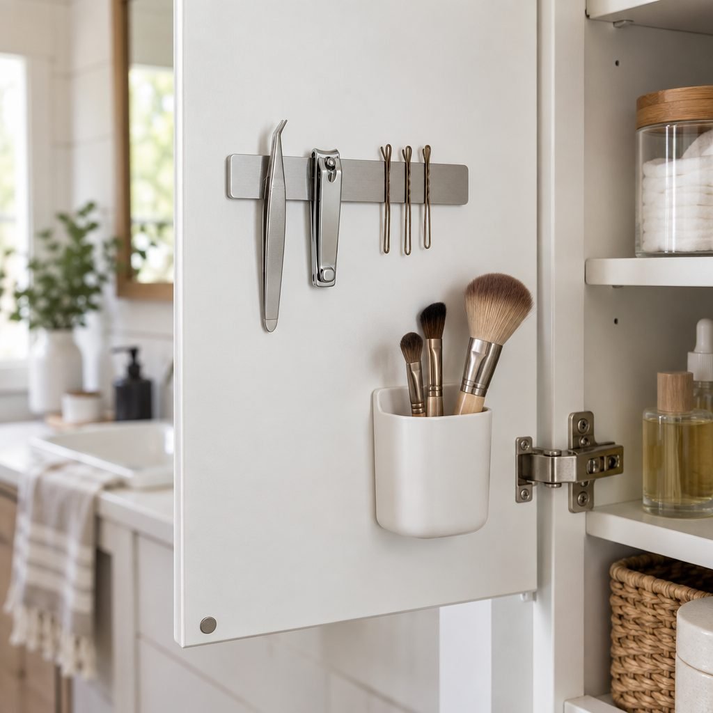 Inside of a medicine cabinet door with a magnetic strip holding tweezers, nail clippers and bobby pins and a small cup of makeup brushes