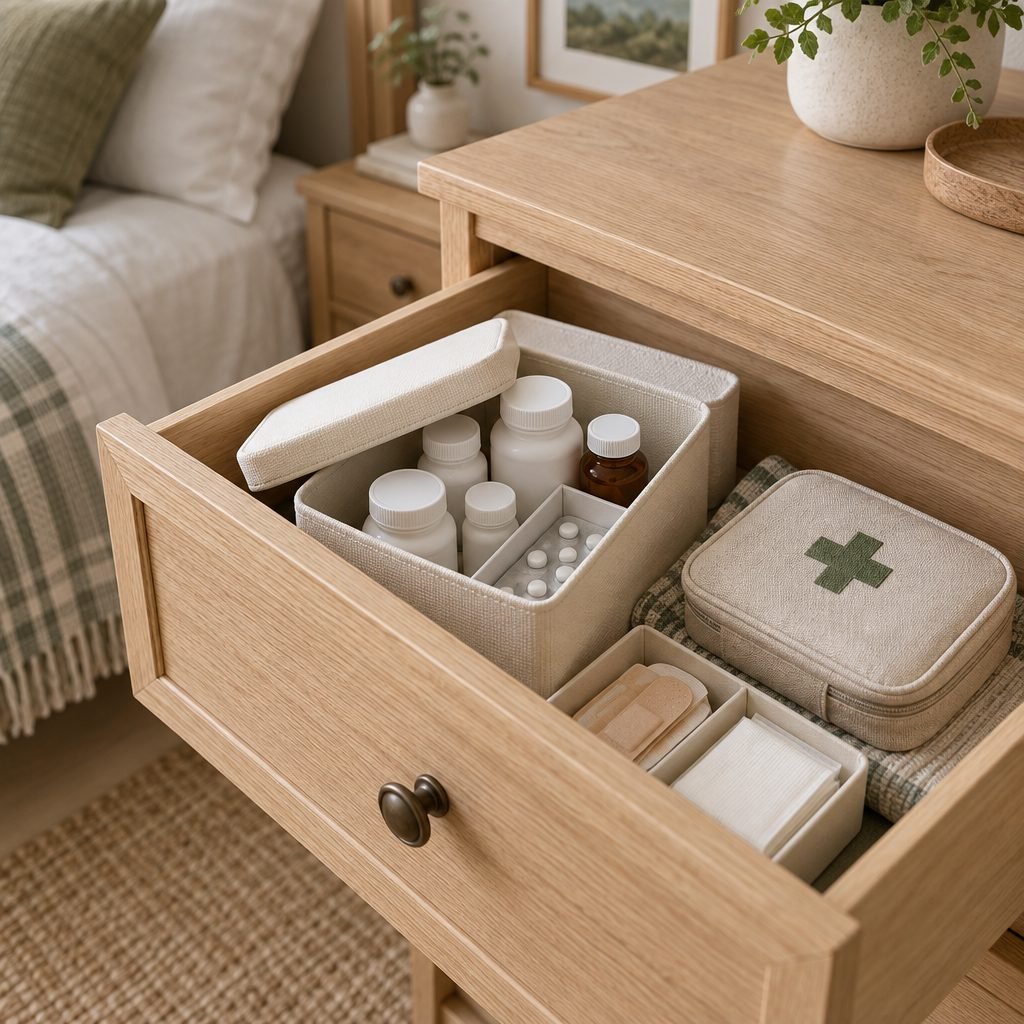 Open white oak dresser drawer in a bedroom holding a lidded box of pill bottles, bandages and a small first aid pouch, away from bathroom heat and steam