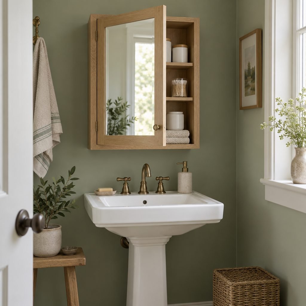 Surface-mounted white oak medicine cabinet with a mirror door above a pedestal sink in a small sage green bathroom, door open to show jars and cotton swabs