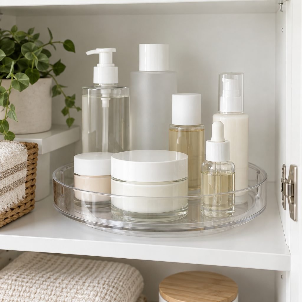 Clear turntable on a white cabinet shelf holding skincare bottles, jars and a dropper bottle so items at the back are easy to reach