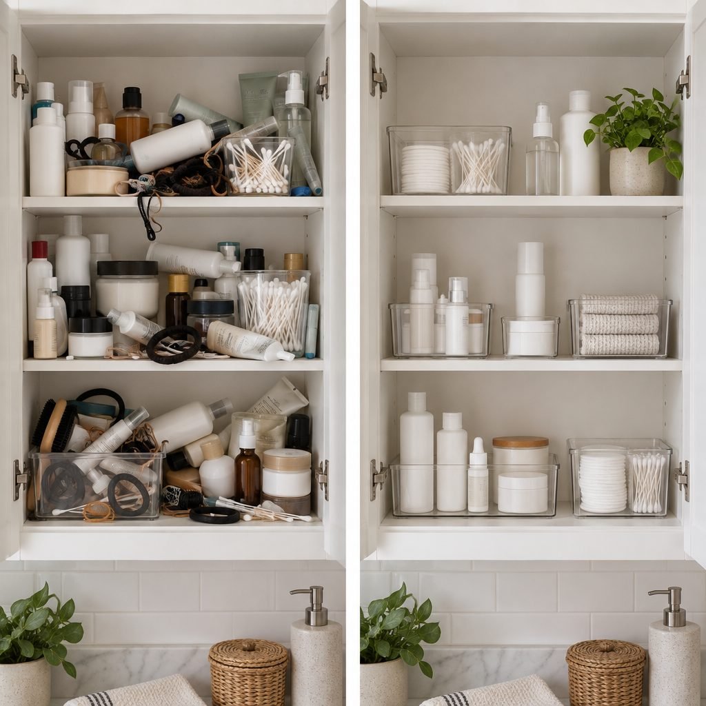 Medicine cabinet before and after: crowded shelves with toppled bottles, hair ties and loose swabs, then the same cabinet sorted into clear bins with space on every shelf