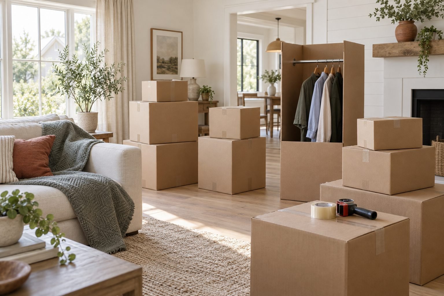 Moving box calculator: stacks of sealed cardboard moving boxes in several sizes and a wardrobe box with shirts on hangers in a bright living room on moving day