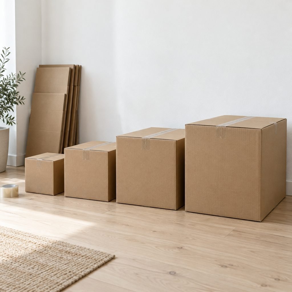 Four sealed cardboard moving boxes lined up from small to extra-large on a wood floor, with flat boxes leaning against the wall