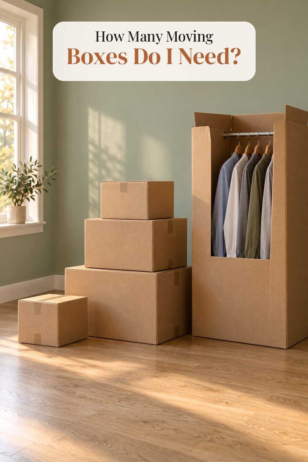 How many moving boxes do I need: a stack of cardboard moving boxes beside a wardrobe box with shirts on hangers