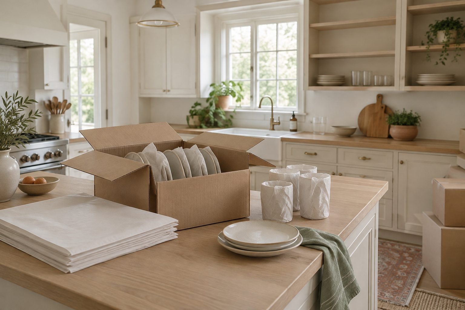 Kitchen counter with an open box of paper-wrapped plates standing on edge, wrapped glasses and a stack of packing paper