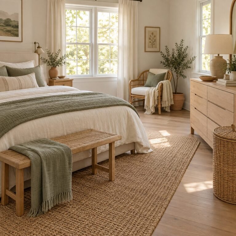 How to organize your room: a calm bedroom with a made bed in cream and sage linens, an oak bench, a rattan reading chair, an uncluttered oak dresser and a lidded woven hamper on a jute rug