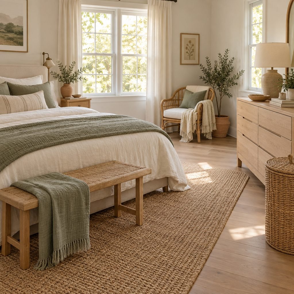 How to organize your room: a calm bedroom with a made bed in cream and sage linens, an oak bench, a rattan reading chair, an uncluttered oak dresser and a lidded woven hamper on a jute rug