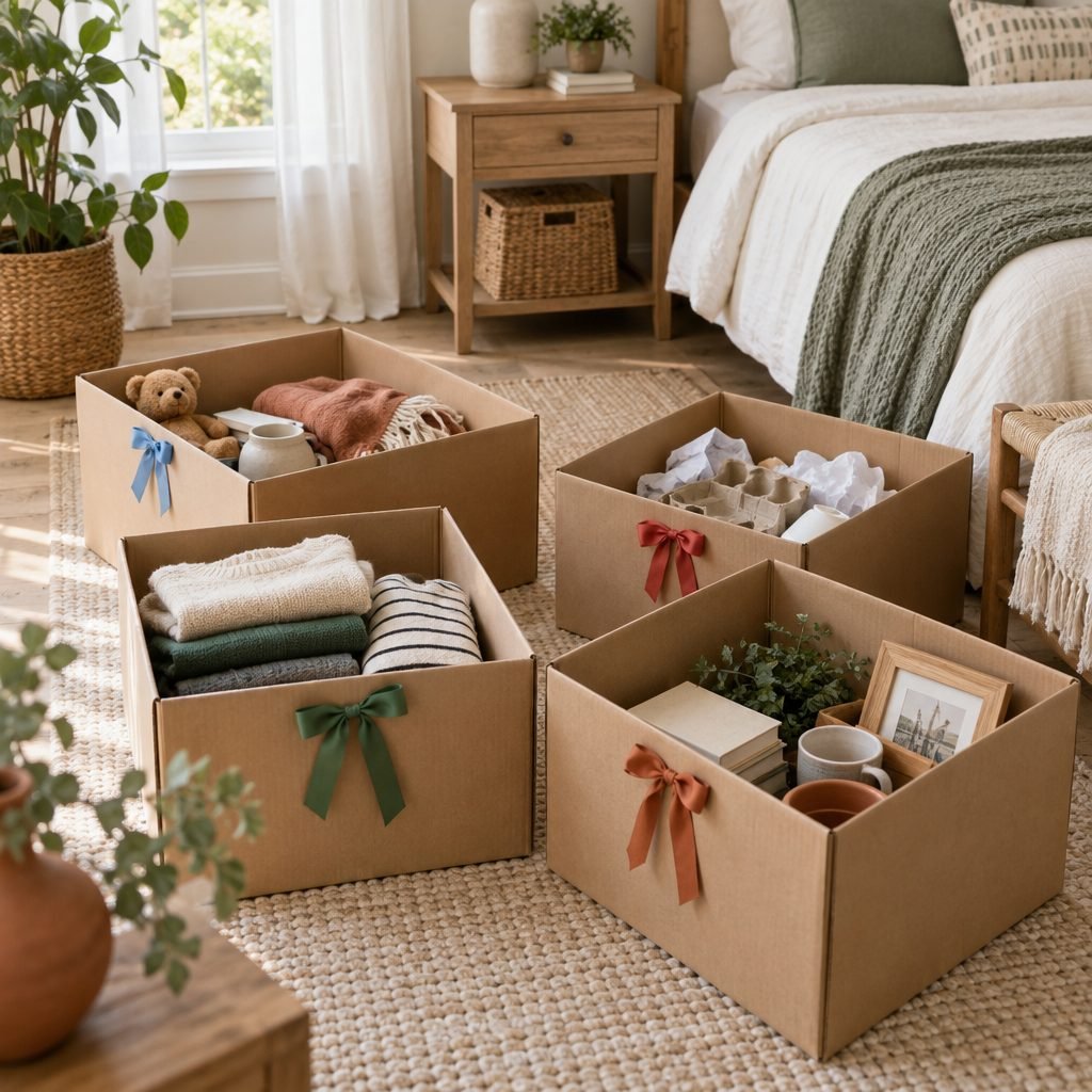 Four cardboard sorting boxes with colored ribbons on a bedroom rug, holding clothes to keep, items to donate, trash and things that belong in other rooms