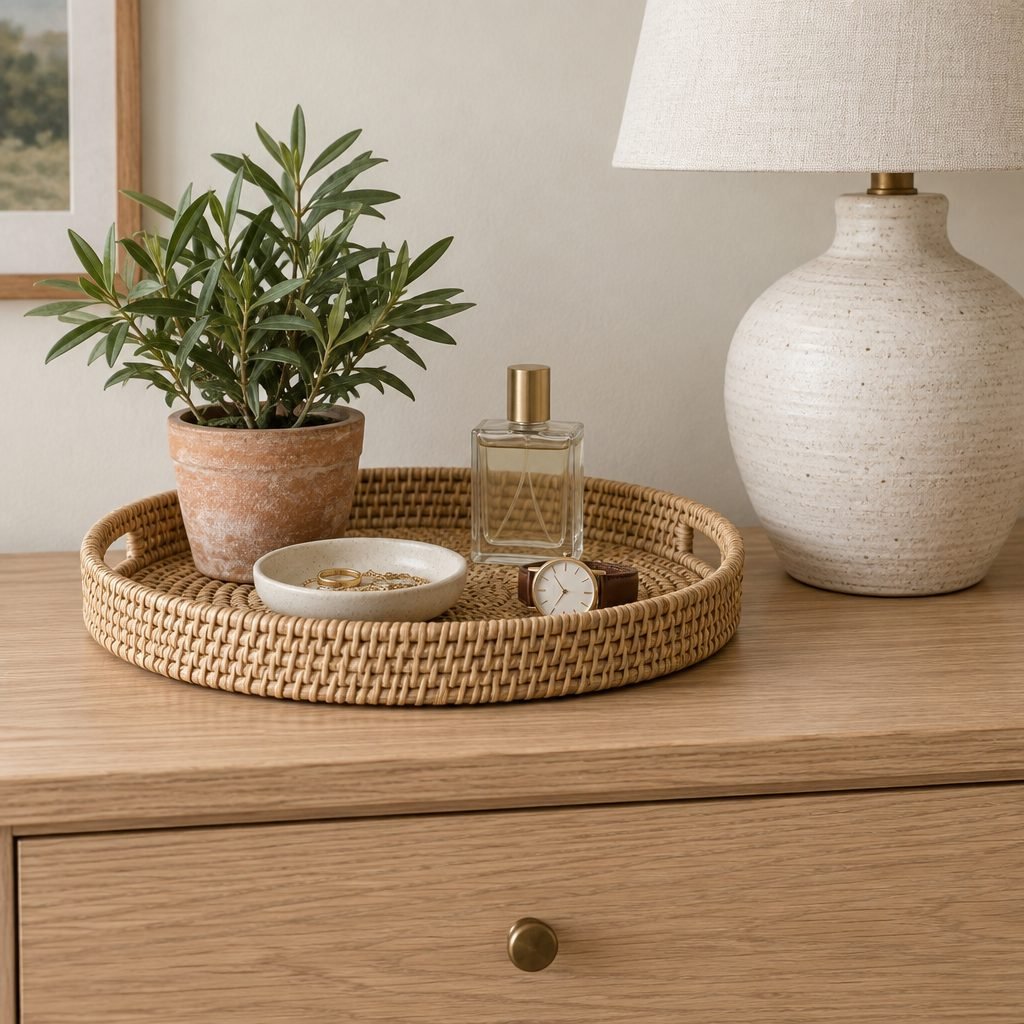 Uncluttered oak dresser top with one round rattan tray holding a jewelry dish, a watch and a plain perfume bottle, next to a small potted plant and a ceramic lamp