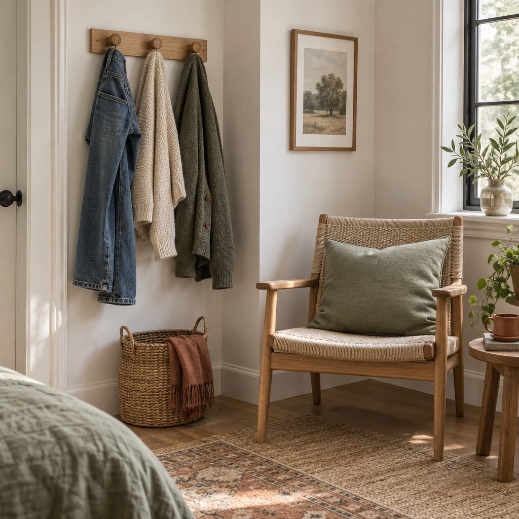 Oak peg rail in a bedroom corner holding worn-once jeans, a knit sweater and a cardigan above a woven basket, next to an empty woven chair with one cushion