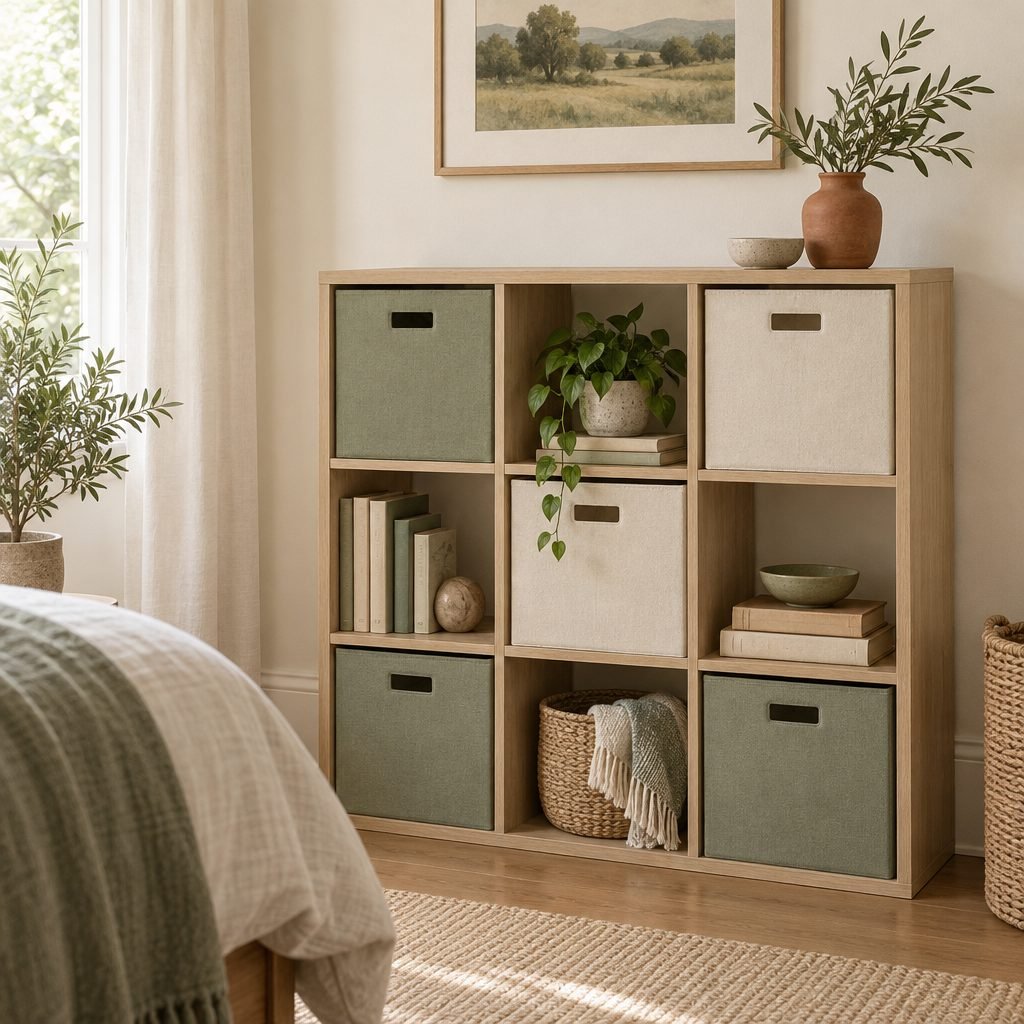 Oak cube storage shelf in a bedroom with sage and cream fabric bins in some cubes and books, a plant, a bowl and a woven basket in the others, under a landscape print