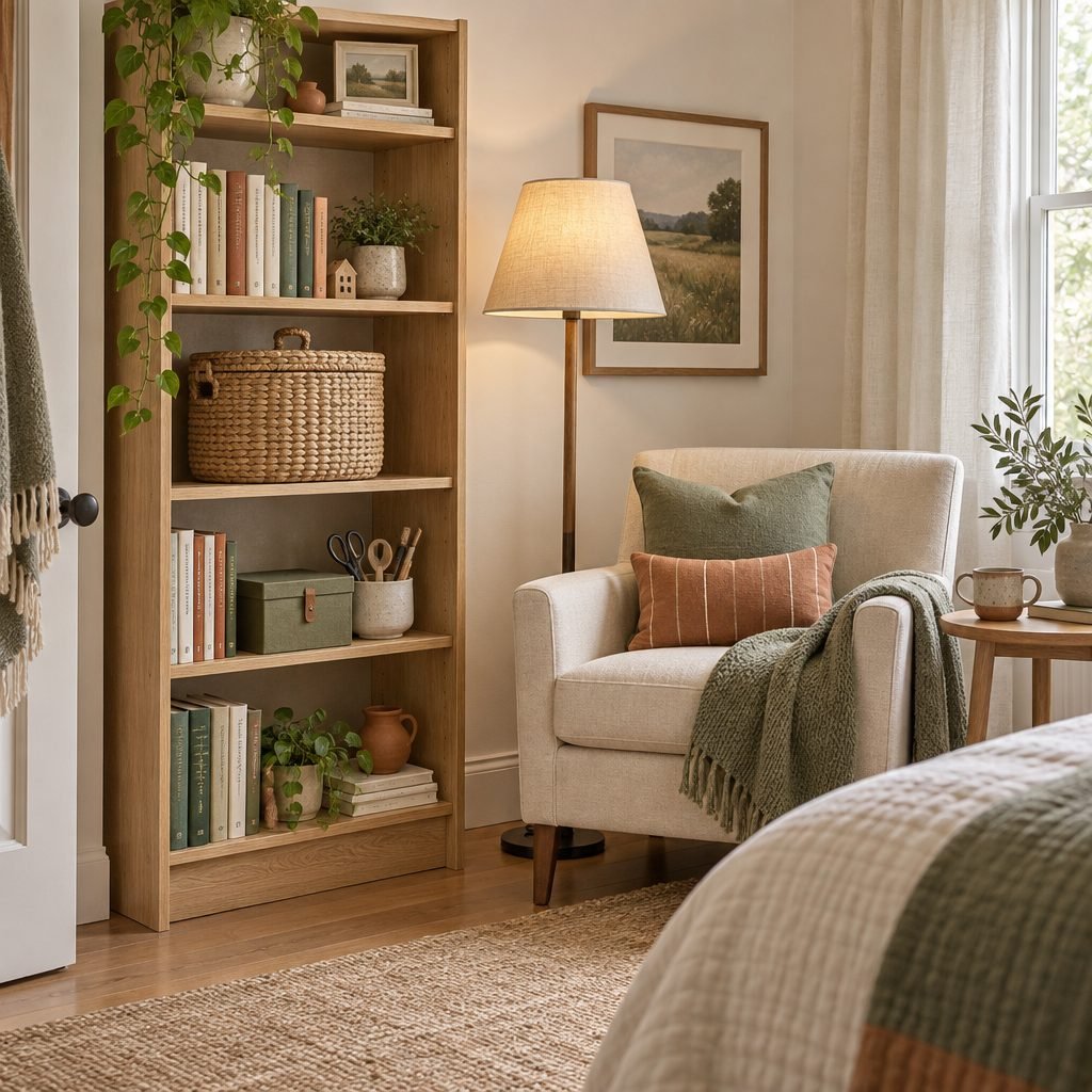 Bedroom reading corner with an oak bookshelf holding books, a lidded woven basket and a craft supply box, a floor lamp and a cream armchair with sage and terracotta cushions