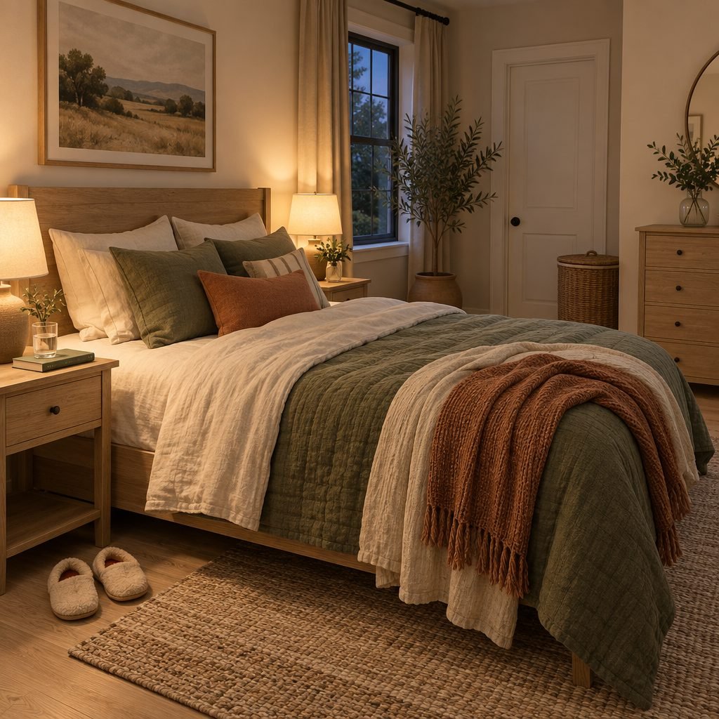 Bedroom in the evening after a quick reset: a turned-down bed with sage and terracotta throws, a book and a glass of water on the nightstand, slippers side by side, a lidded hamper and a clear dresser in lamp light