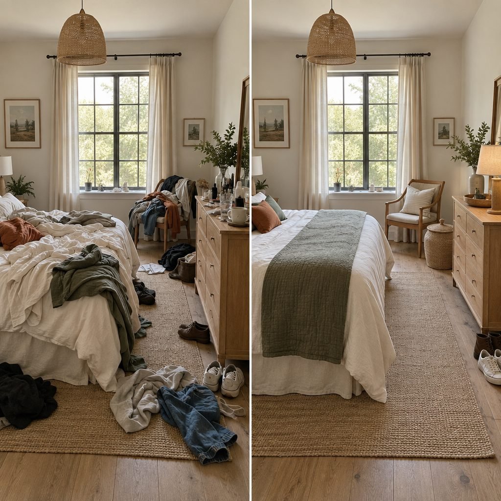 Bedroom before and after: an unmade bed, clothes on a chair and the floor and a cluttered dresser next to the same room with a made bed, an empty chair, a clear dresser, a lidded hamper and shoes lined up