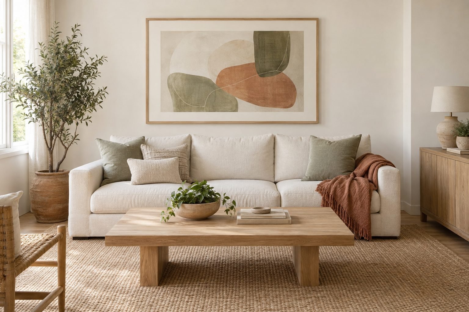 A cream linen sofa with sage and rust cushions under one large oak-framed abstract print, with an oak coffee table on a jute rug