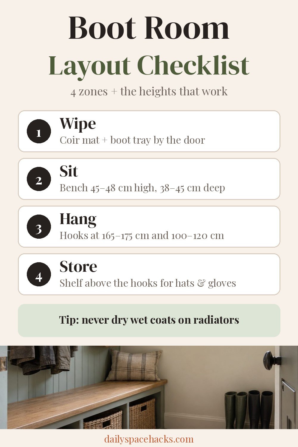 Boot room layout checklist: wipe, sit on a bench 45 to 48 cm high, hang coats on hooks at adult and child height, and store hats and gloves on a shelf