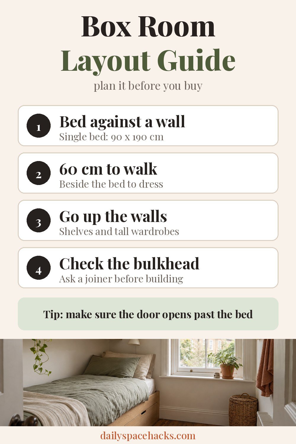 Box room layout guide: bed against a wall, 60 cm to walk, go up the walls and check the bulkhead
