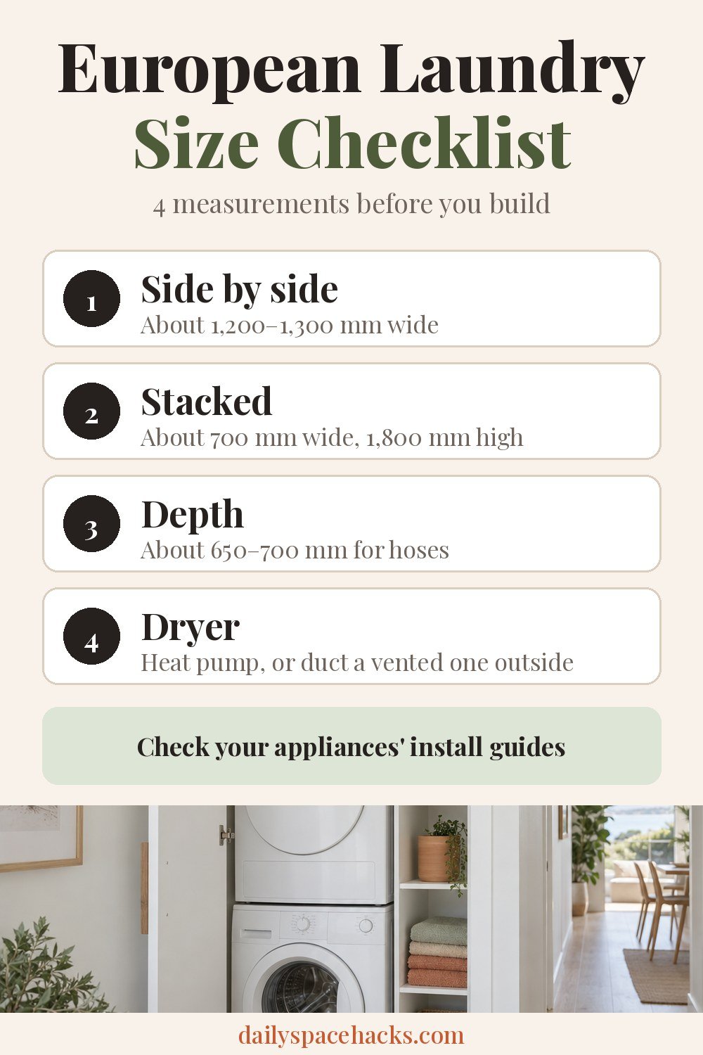 European laundry size checklist: side by side, stacked, depth and dryer type