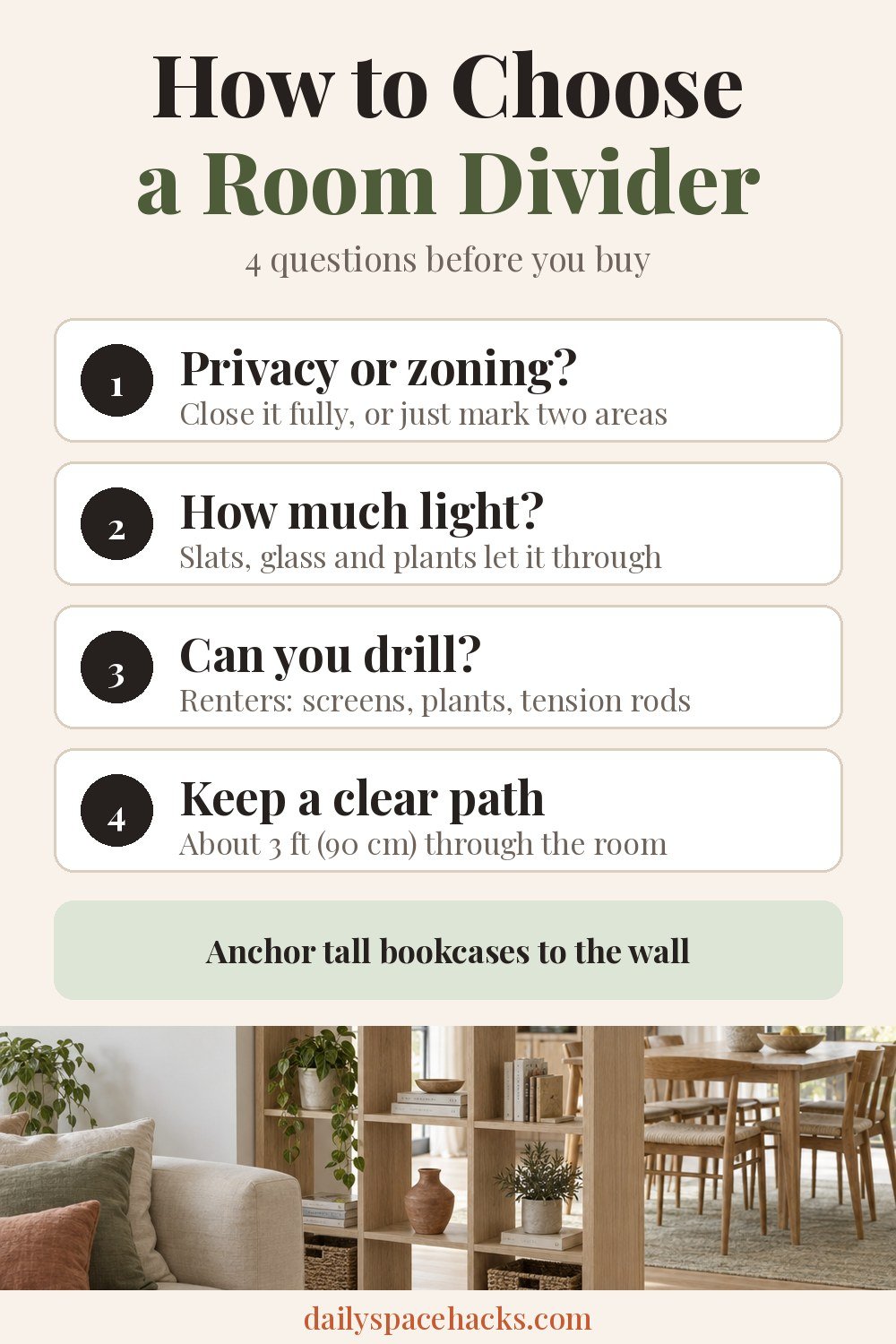 How to choose a room divider: four questions about privacy, light, drilling and a clear path