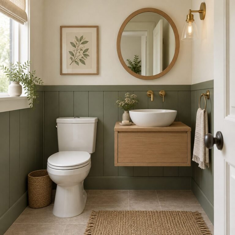 Small powder room with sage green beadboard on the lower wall, a round oak mirror, a floating oak vanity with a white vessel sink and a brass sconce