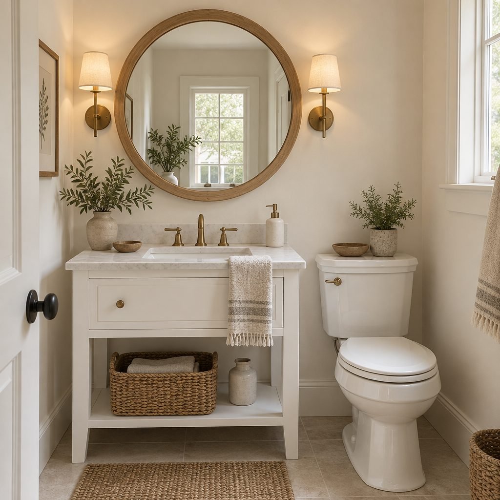 Large round oak mirror flanked by two brass sconces with linen shades above a small white vanity in a cream powder room
