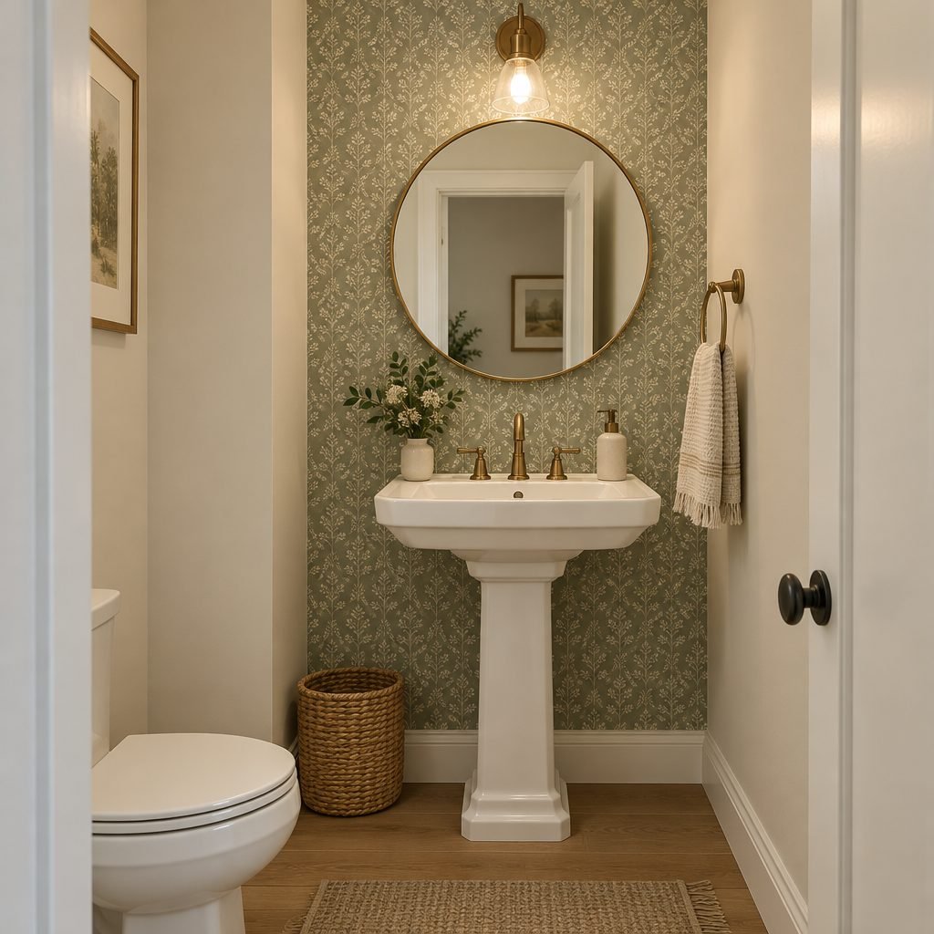 Tiny powder room with sage and cream patterned wallpaper on one wall behind a pedestal sink, a round brass mirror and a single sconce