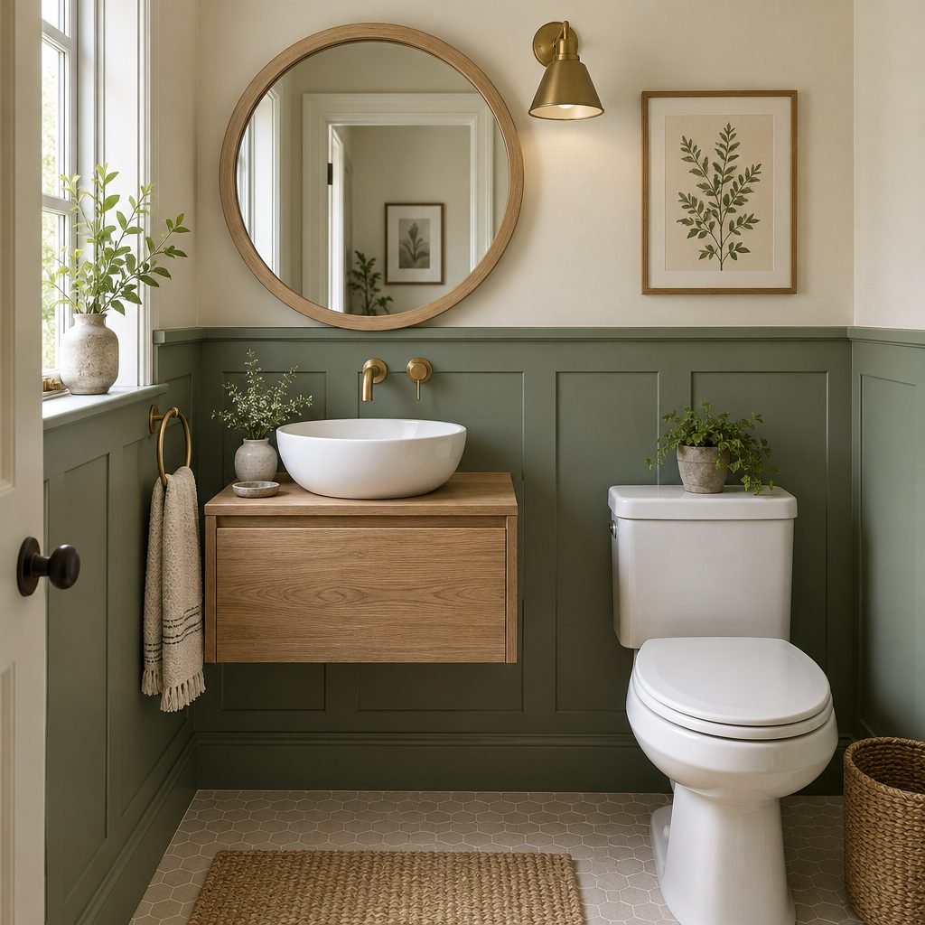 Half bath with sage green paneled wainscoting, cream upper walls, a floating oak vanity with a vessel sink and a toilet beside it