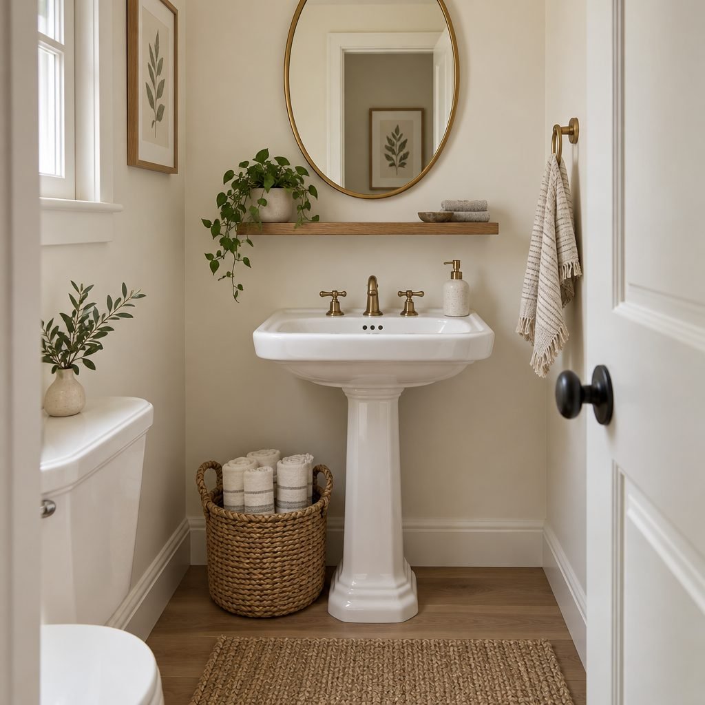 White pedestal sink in a small powder room with a woven basket of rolled hand towels underneath and a slim wooden shelf above