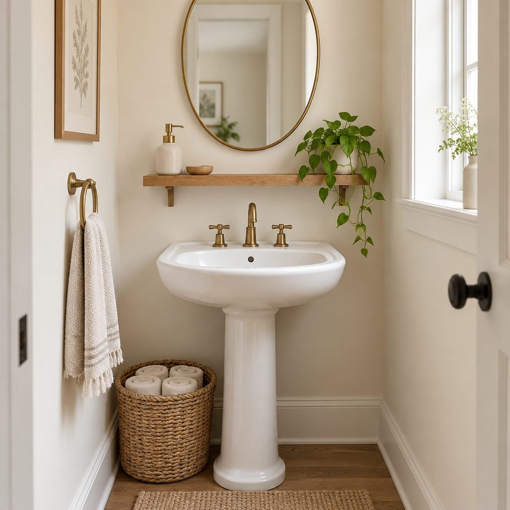 Slim oak floating shelf with a soap pump and a trailing plant above a pedestal sink and below an oval brass mirror in a cream powder room
