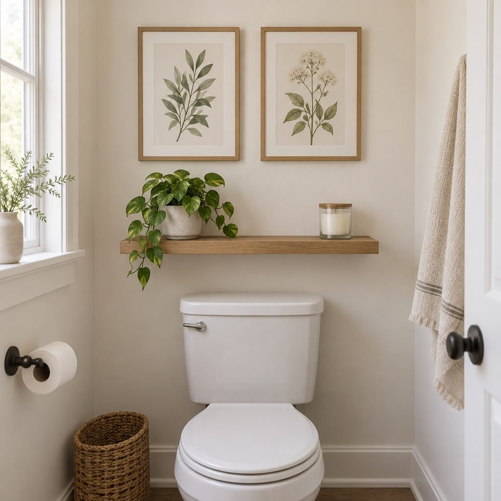 Two framed botanical prints above a toilet with a floating oak shelf holding a pothos and a flameless candle jar in a small powder room