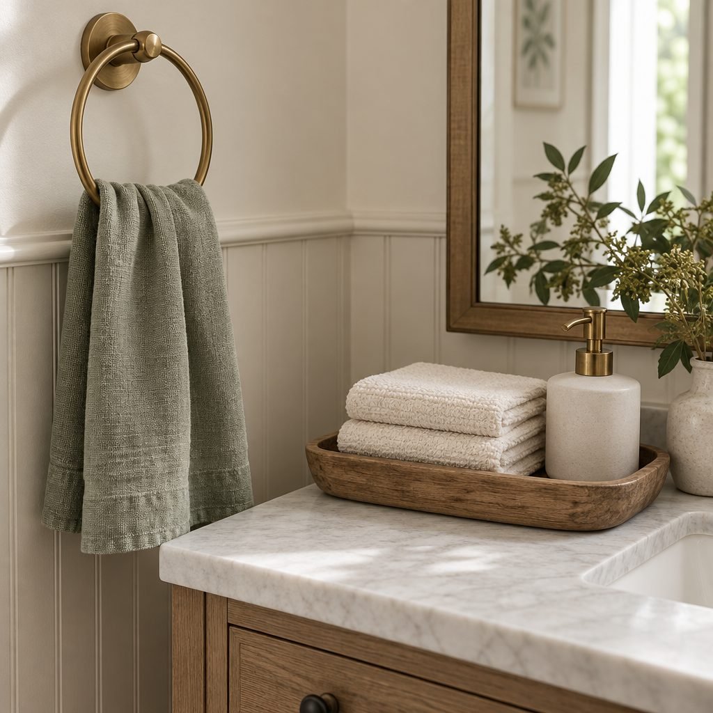 Sage hand towel on a brass towel ring next to a wooden tray with folded cream guest towels and a soap pump on a marble vanity
